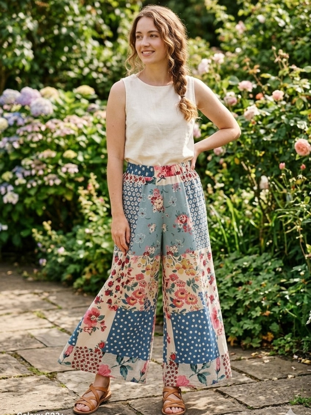 ​Boho Floral Patchwork Wide Leg Pants Elastic Waist Polka Dot Cottagecore M